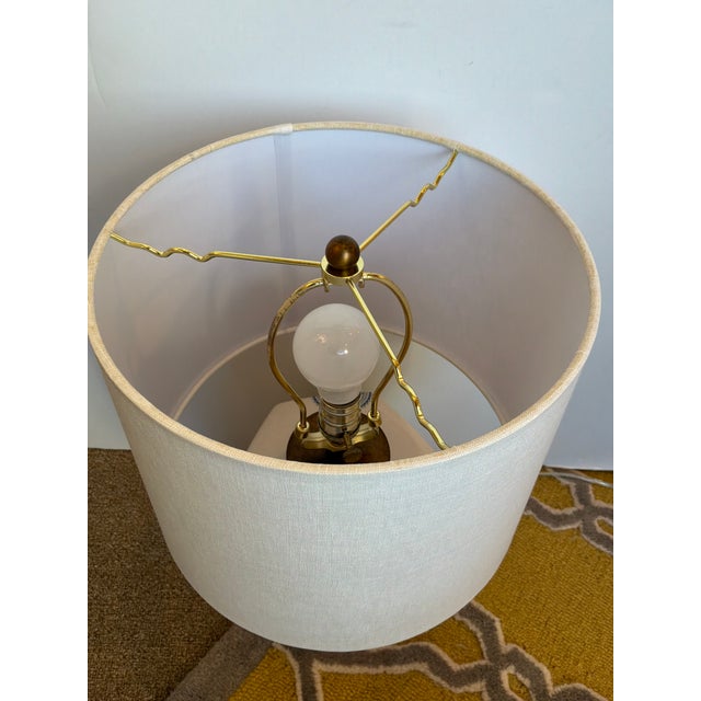 Stylish Port 68 Temba Short Lamp. Blue & Cream design. Round wood base with a linen drum shade. Showroom floor sample.