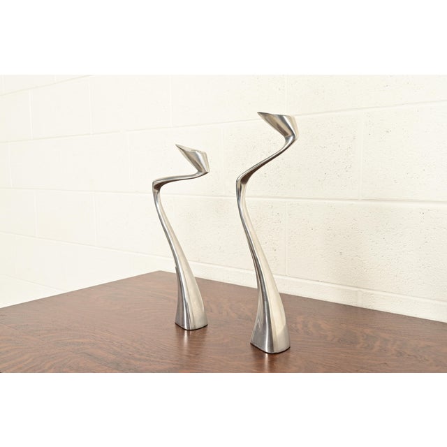 Mid-Century Modern Matthew Hilton Postmodern Aluminum Swan Candlesticks, Pair For Sale - Image 3 of 15
