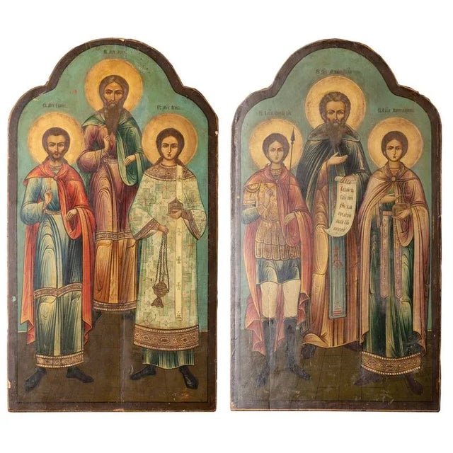 Wood Pair of Antique Original Painted Russian Icons Painted on Wood Panels, Circa 1900's For Sale - Image 7 of 7