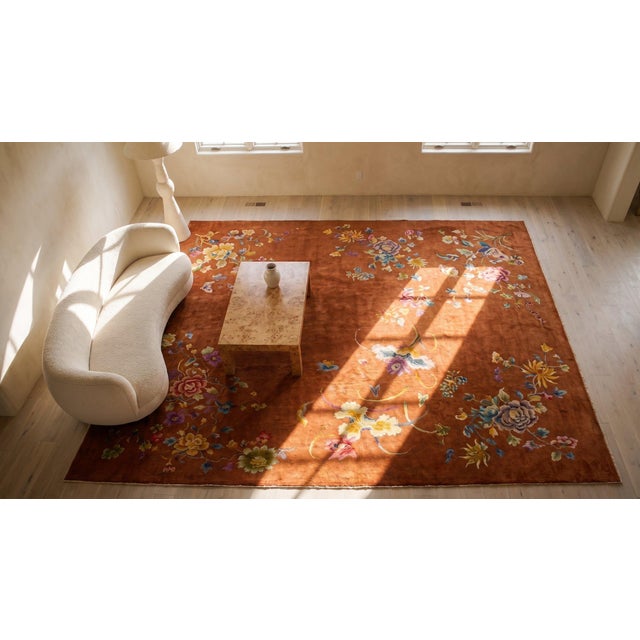 1920s Orange Floral Antique Chinese Art Deco Rug 9' X 11'6" Handknotted Wool Carpet For Sale - Image 9 of 9