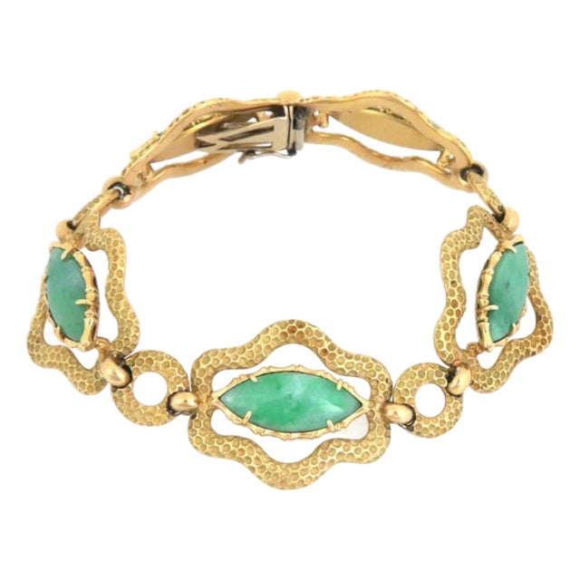 Oval 18k Yellow Gold Jade Link Bracelet For Sale