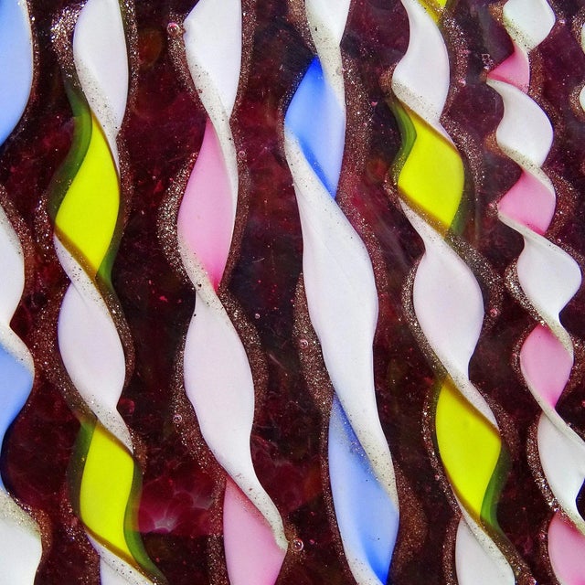 Mid 20th Century Vintage Murano Pink Yellow Blue White Aventurine Flecks Ribbons Italian Art Glass Mid Century Bowl For Sale - Image 5 of 8