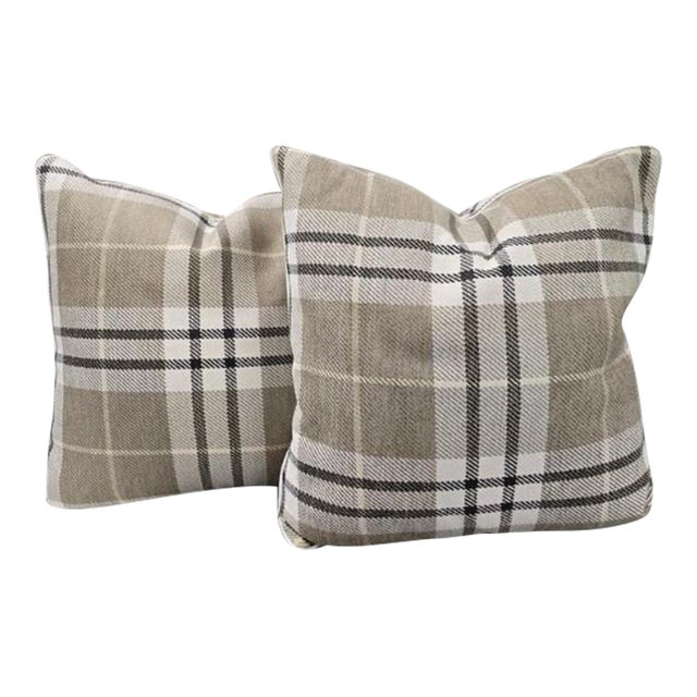 Par of Linen Plaid Pillows With Inserts For Sale