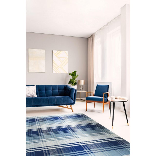 8x10 Sophisticated Elegant Blue Large Scale Plaid Geometric Flatweave Wool Rug For Sale In New York - Image 6 of 9