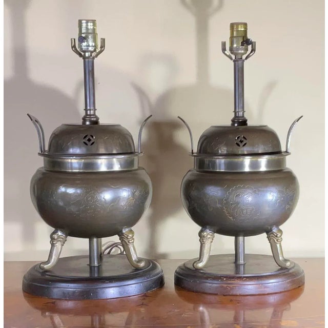 Copper Pair of Antique Chinese Incence Burner Table Lamp For Sale - Image 8 of 13