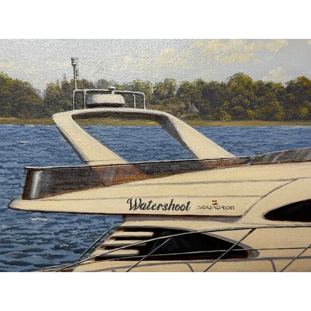 British Nautical Oil Painting Windermere Lake District Ascendancy — Fairline Squadron 50 Yacht Under Cumbrian Skies Signed Edward Hersey Gilt Framed For Sale - Image 13 of 18