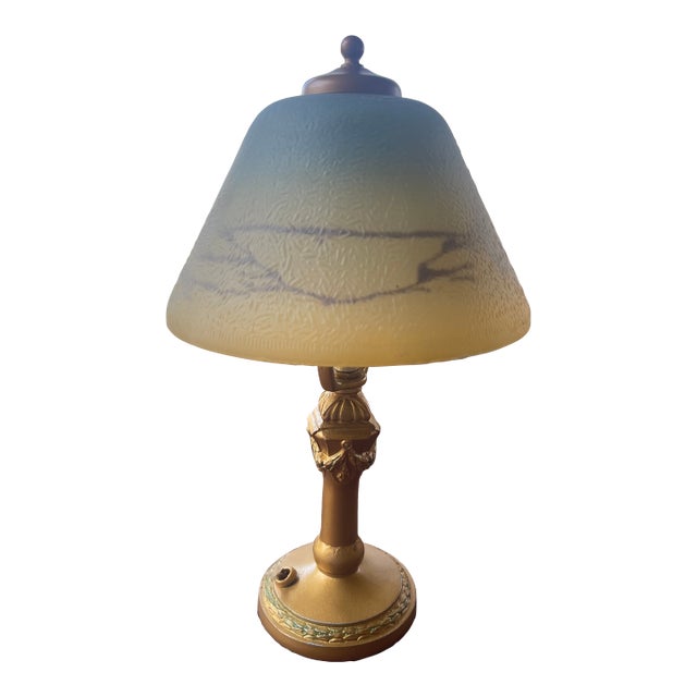 1920s Art Deco Reverse Painted Shade Original Gold Leaf Base Boudoir Lamp For Sale