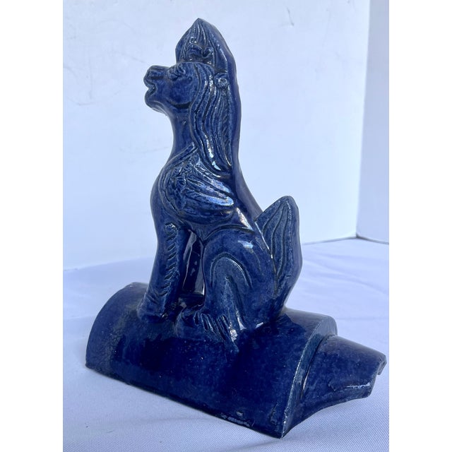 Chinoiserie • Vintage Chinese Cobalt Blue Glazed Figural Architectural Roof Tile Guardian Beast - 8" For Sale - Image 3 of 10