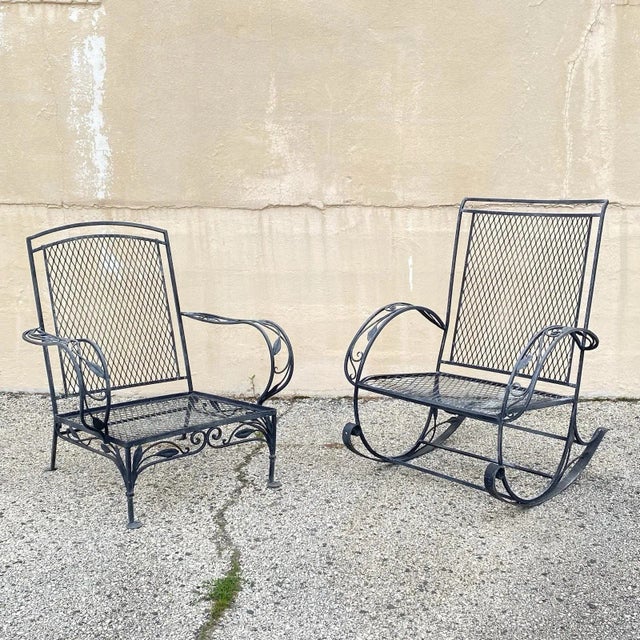 Traditional Mid 20th Century Vintage Salterini Style Art Nouveau Wrought Iron Garden Seating & Table, 4 Pieces, Attributed For Sale - Image 3 of 17