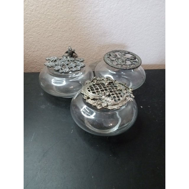 1980s Gorgeous Trio of Potpourri Squat Vases With Filigree Pewter Lids. For Sale - Image 5 of 8