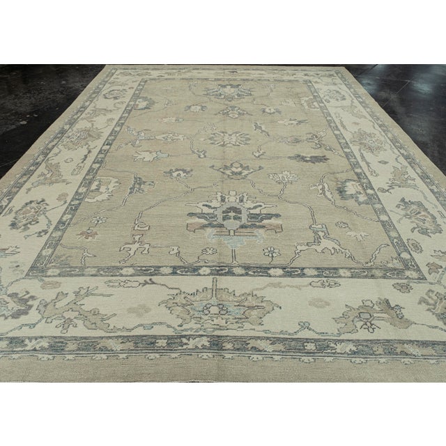 Early 21st Century Turkish Oushak Rug Olive & Blue Handwoven Wool Rug 10'3" X 14'4" For Sale - Image 5 of 9