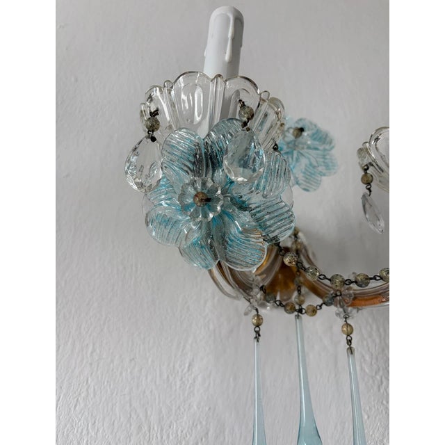 C 1930 Aqua Blue Murano Flowers & Drops Crystal Prisms Sconces One of a Kind For Sale - Image 6 of 11