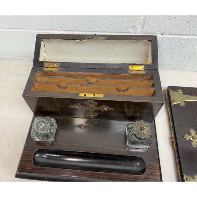 Wood Antique 19th Century Brass Wood English Inkwell Letter Pen Stand Writing Book For Sale - Image 7 of 14