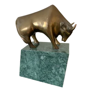 Vintage Bull Wall Street Bookend Brass and Marble