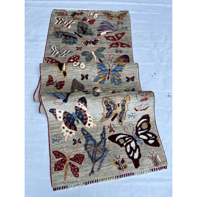 Textile Hand-Knotted Pictorial Butterfly Runner on Natural Grey, 2'10" X 9'8" For Sale - Image 7 of 9
