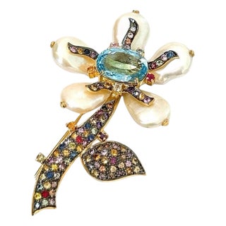Bochic "Orient" Vintage Pearl, Multi Sapphire & Topaz Brooch 18K Gold & Silver For Sale