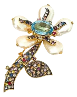 Bochic "Orient" Vintage Pearl, Multi Sapphire & Topaz Brooch 18K Gold & Silver