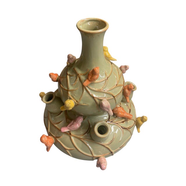 Italian Vintage Italian Hand-Painted Ceramic Bird Tulipiere & Bud Vase For Sale - Image 3 of 11