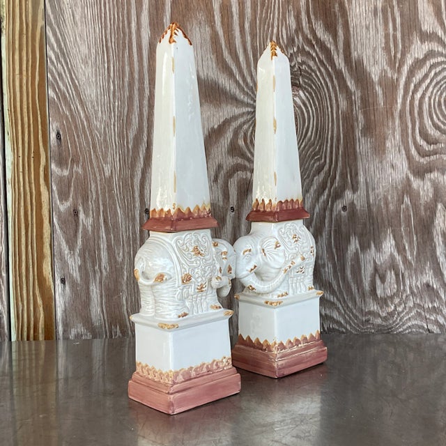 Vintage Boho Glazed Terra Cotta Elephant Obelisks - a Pair For Sale - Image 4 of 7