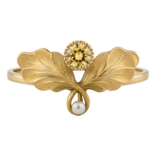 Art Nouveau–Inspired Citrine and Pearl Botanical Ring in 14k Gold, Size 7.5 For Sale