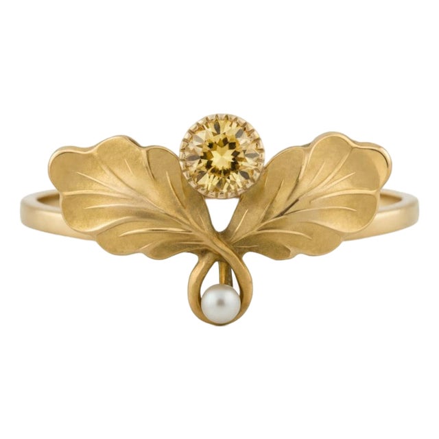Art Nouveau–Inspired Citrine and Pearl Botanical Ring in 14k Gold, Size 7.5 For Sale