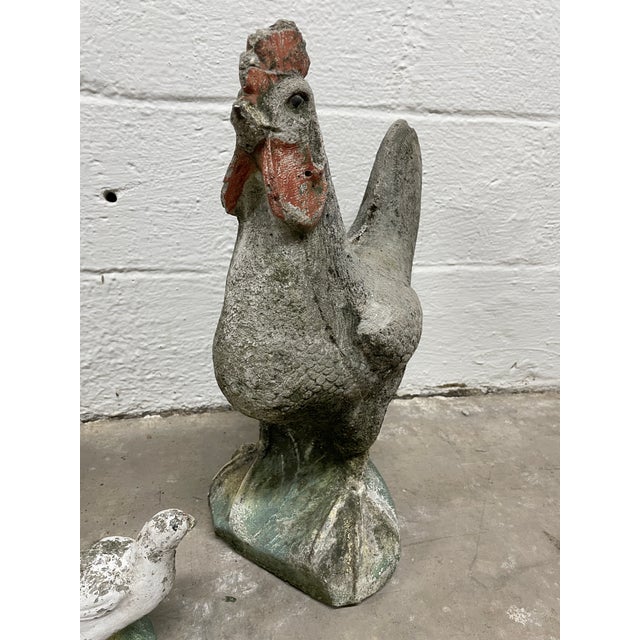 Original painted concrete chicken family of 3, Rooster Hen and chick. Great patina on all birds and condition indicative...