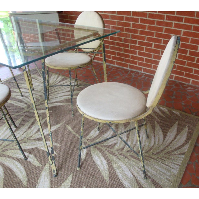 Mid-Century Modern Salterini Attributed Vintage Iron and Glass Patio Dining Table, 4 Chairs For Sale - Image 3 of 6