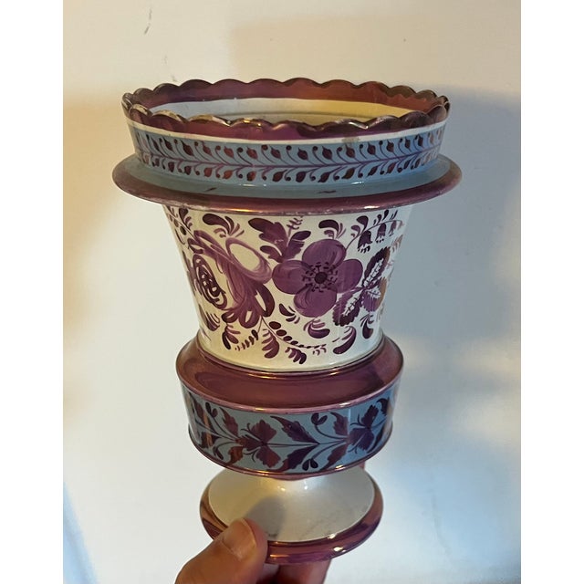 Antique early 19th century English George III pink luster vase with blue bands, circa 1820. Decorated with stylized...
