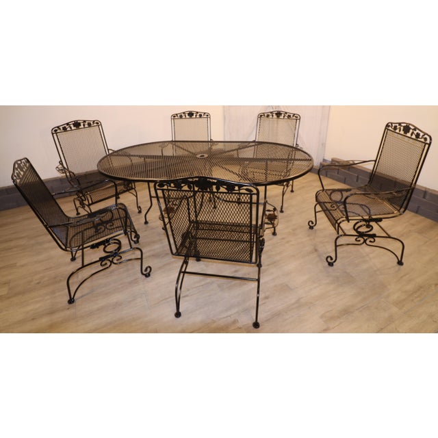 Mid-Century Modern Rare Vintage Scroll Footed Wrought Iron Family Patio Set Six Chairs and Table, Attributed For Sale - Image 3 of 15