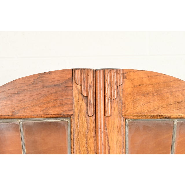 Antique English Art Deco Carved Oak Drop Front Secretary Desk With Leaded Glass Bookcase Hutch For Sale - Image 13 of 17