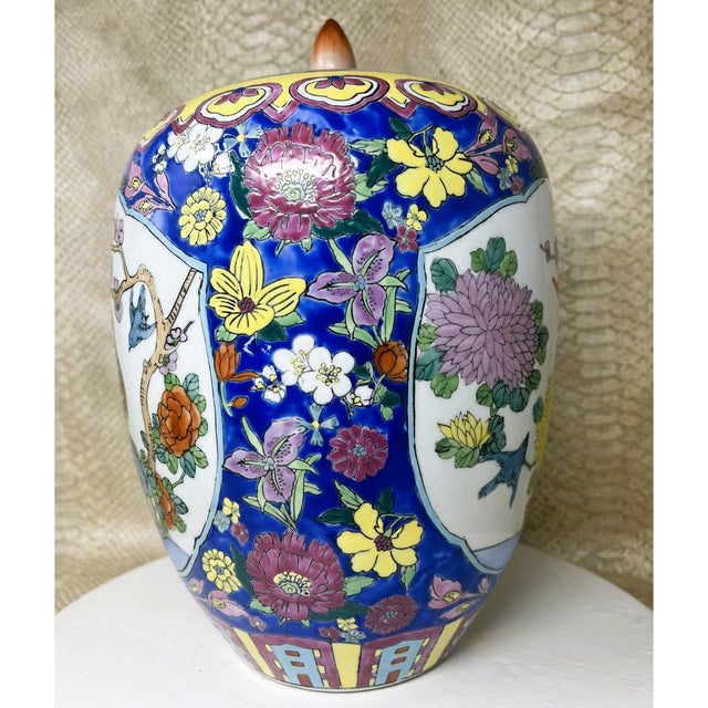 Ceramic Vintage Chinese Hand Painted Porcelain Chinoiserie Ginger Jar With Peacock & Floral Motif 14" For Sale - Image 7 of 12