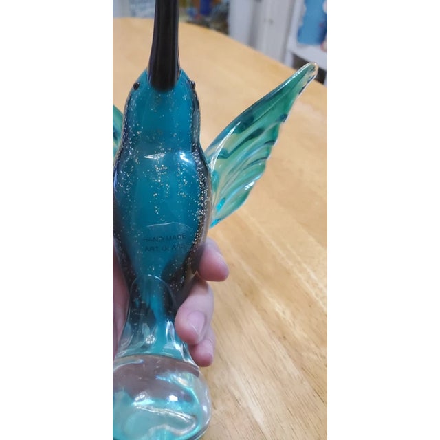 Mid-Century Modern Vintage Gca Murano Style Art Glass Blue Turquoise Flying Hummingbird Figurine For Sale - Image 3 of 6