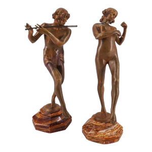 Late 19th Century Pair of Eugene E. Piron Bronze Flautist & Triangle Players
