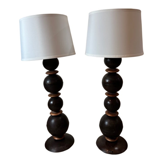 Mid 20th Century Metal Table Lamps With White Drum Shades - Set of 2 For Sale