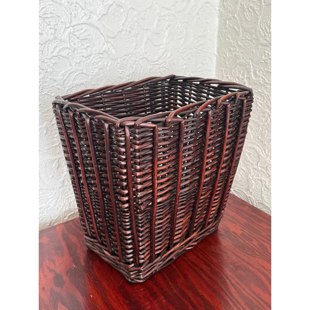 Brown Late 20th Century Dark Brown Woven Wicker Waste Basket For Sale - Image 8 of 8