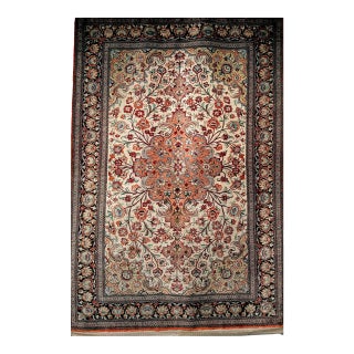 Vintage Persian Qum Area Rug, Hand-Knotted Silk, Floral Pattern, Ivory & Navy, 3x5 For Sale
