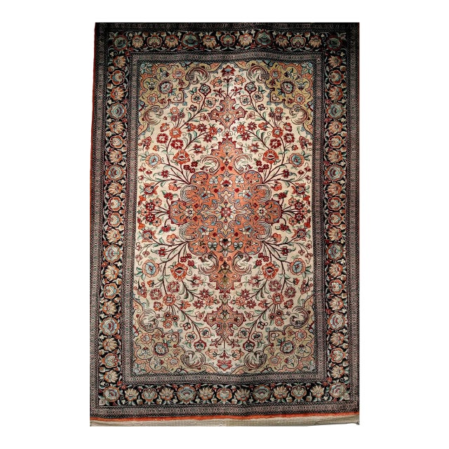 Vintage Persian Qum Area Rug, Hand-Knotted Silk, Floral Pattern, Ivory & Navy, 3x5 For Sale