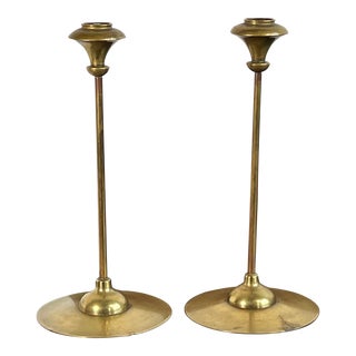 Antique 1910's Arts & Crafts Brass Candlesticks After Robert Jarvie - a Pair For Sale