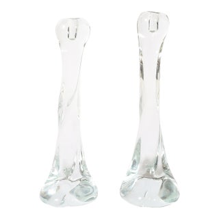 Pair of Signed Renato Anatra Transparent Sculptural Murano Glass Candlesticks For Sale