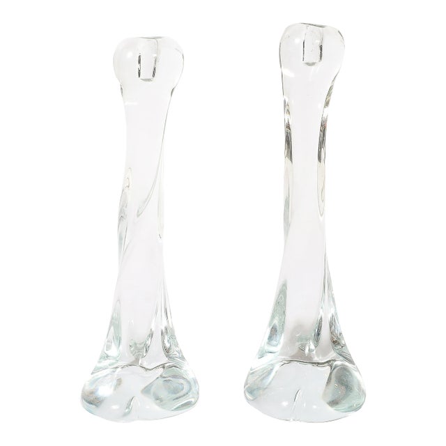 Pair of Signed Renato Anatra Transparent Sculptural Murano Glass Candlesticks For Sale