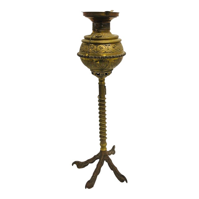 Antique 1900s Talon Base Electrified Brass Oil Lamp For Sale