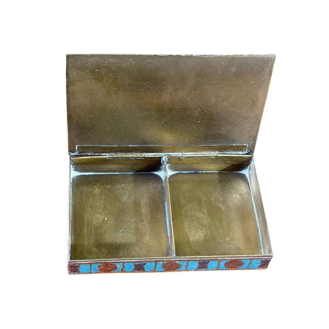 Blue Vintage Chinoiserie Enamel Repousse on Brass Hinged Box For Sale - Image 8 of 9