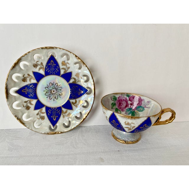 Vintage Ucagco Ceramics Japan Porcelain Teacup and Saucer Set Cobalt Blue Pink Rose Lusterware Pierced Scalloped Rim Mid-Century Excellent Condition For Sale - Image 12 of 13