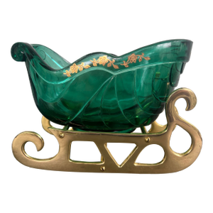 1970s Fenton Emerald Green Glass Sleigh Bowl With Hand-Painted Gold Floral Trim and Brass Base