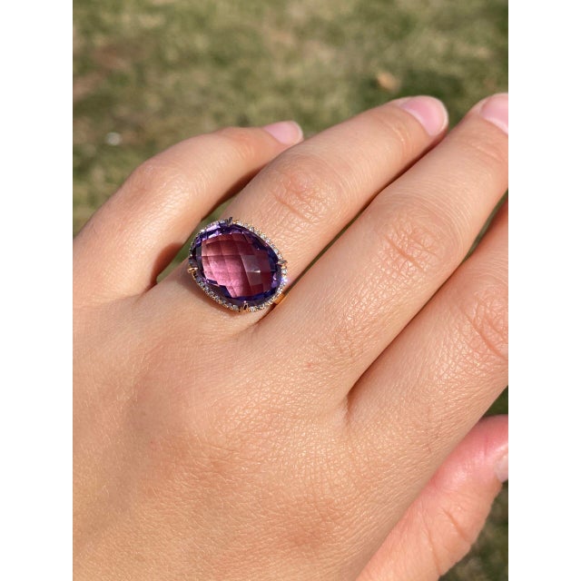 The Nelle: Checkerboard Cut Natural Amethyst and Diamond Halo Ring in Rose Gold For Sale - Image 11 of 11