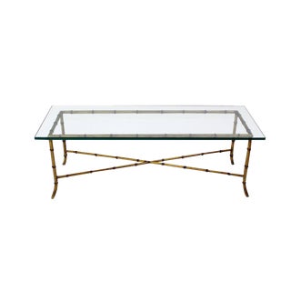 Mid Century Modern X Base Rectangular Gilt Faux Bamboo Glass Top Coffee Table For Sale