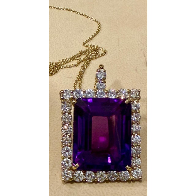 58 Ct Emerald Cut Amethyst & 7 Ct Diamond Pendant Necklace 14KY Gold + Chain For Sale In New York - Image 6 of 18