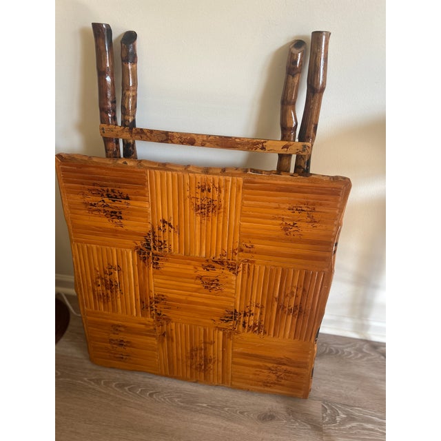 Mid-Century Modern Vintage Handcrafted Square Tiger Bamboo Bistro Folding Game Center Table X-Base For Sale - Image 3 of 16