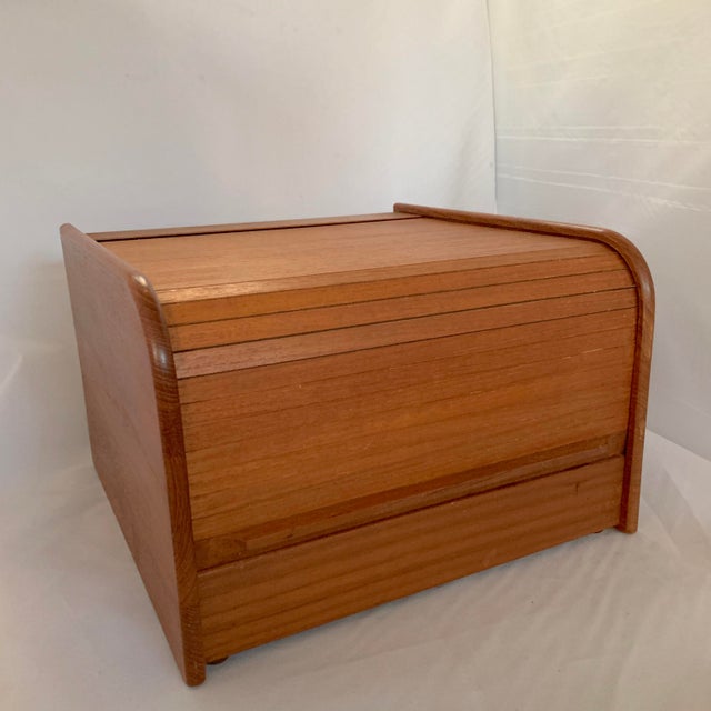 Vintage CD & Cassette Storage Filing Teak Wood Box Roll Top Tambour Door MCM Danish Style Set