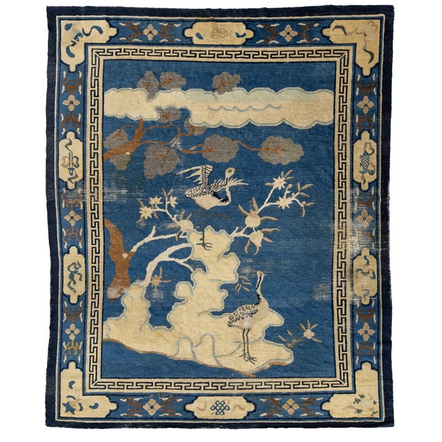 Antique Chinese Peking Art Deco Wool Rug in Indigo Blue and Cream, Circa 1920s For Sale - Image 12 of 12